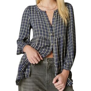 Lucky Brand Tiered Tunic Peasant Top Plaid Button Front Western Boho Blue Tan M